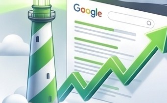 Faro SEO iluminando resultados de Google con flecha de crecimiento — posicionamiento web Ecuador