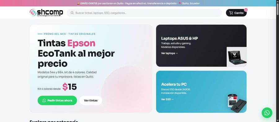 Tienda online SHCOMP de tecnología en Quito desarrollada por PromoWebEC